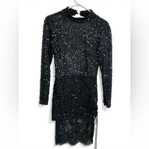Black Sequin Long Sleeve Lace Hem Dress